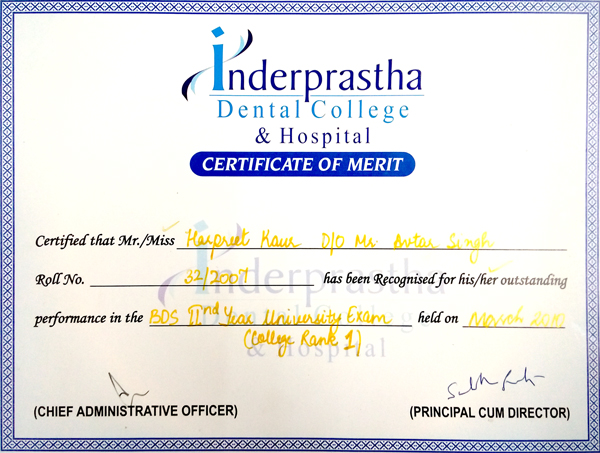 1st Position in Academics Second Year BDS