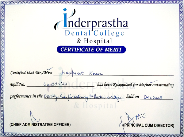 1st Position in Academics First Year BDS